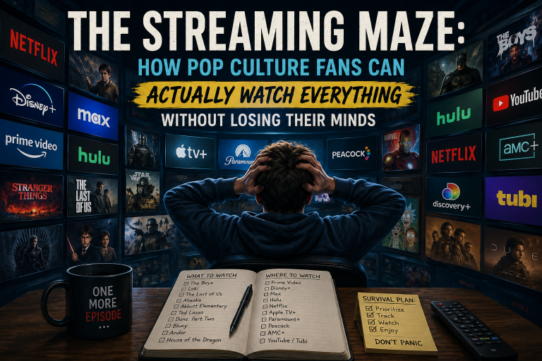 Pop culture fan navigating multiple streaming services and entertainment apps