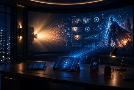 A modern office with digital screens and tablet devices displays a mix of movie data, charts, and a digital superhero figure beside a projection camera at night.