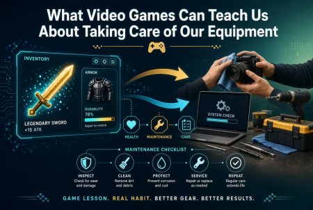 What Video Games Can Teach Us About Taking Care of Our Equipment A split image compares video game gear with real equipment, showing steps for maintenance: inspect, clean, protect, service, and repeat for better performance and results.