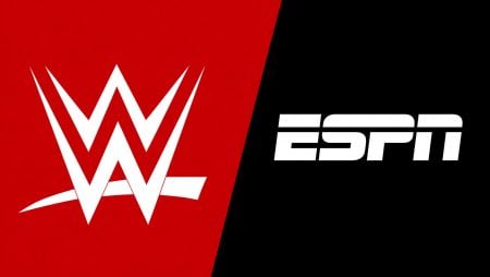 ESPN Will Reportedly Not Renew WWE Deal Amid Relationship Strains And Upcoming Price Hike on Unlimited App WWE logo on a red background next to the ESPN logo on a black background, both logos separated by a diagonal line.