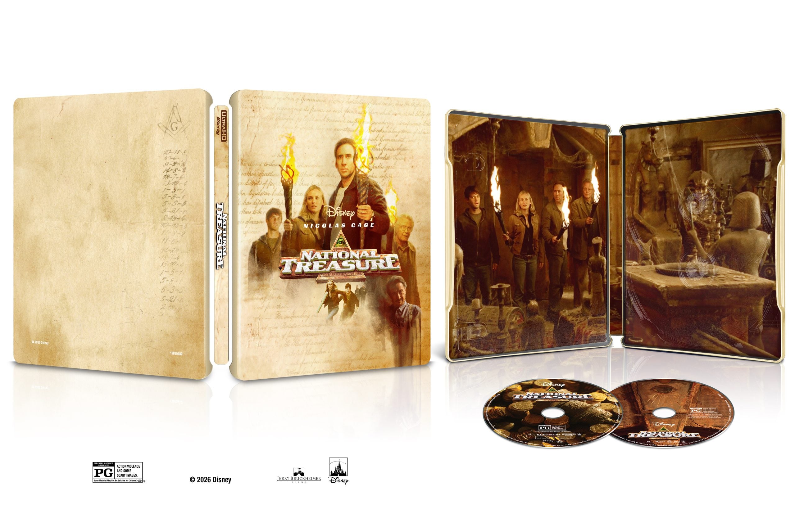 Steelbook case and discs for Disney’s National Treasure, featuring cover art with main characters and interior artwork showing a group scene from the movie.