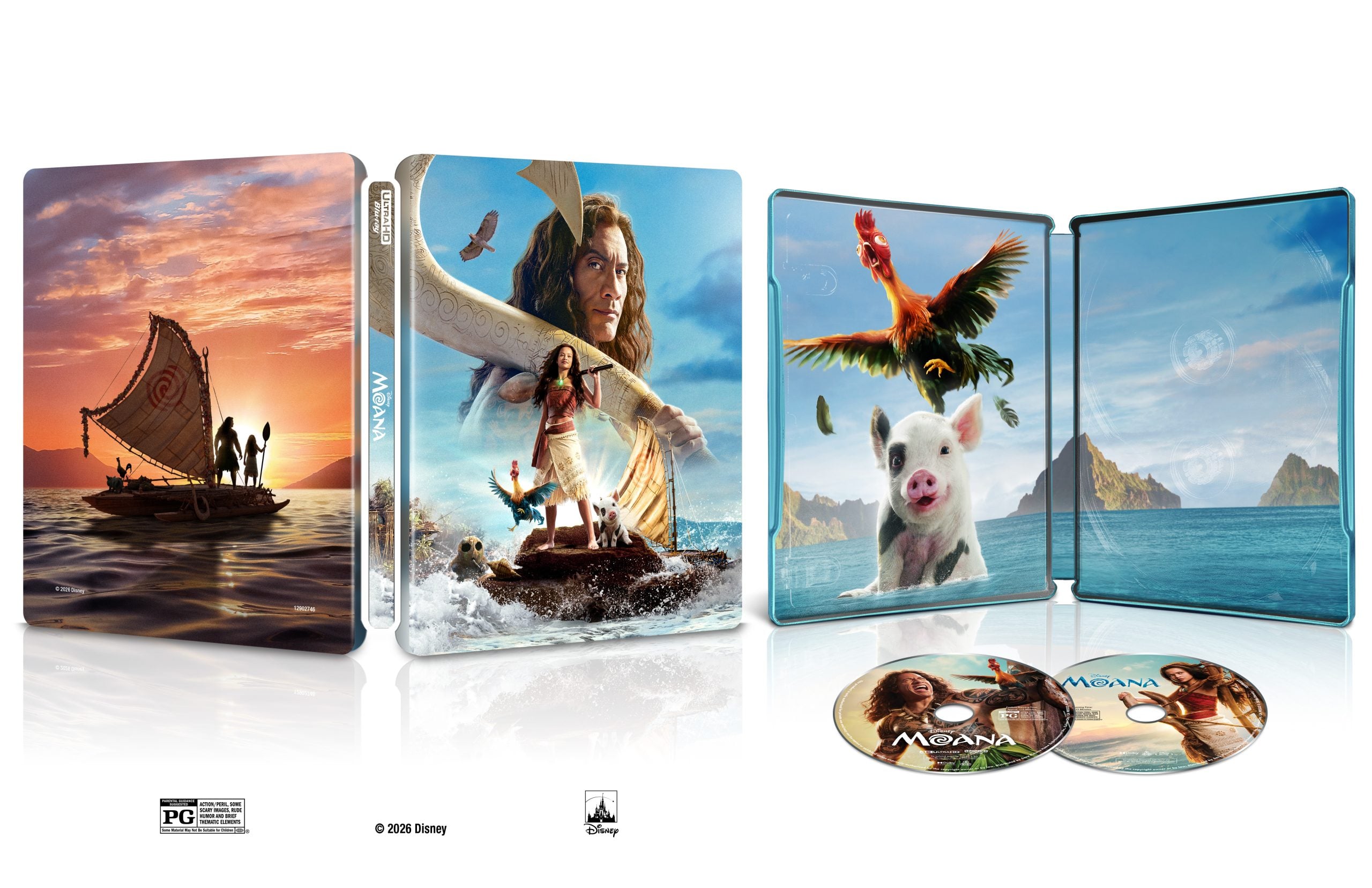 Moana steelbook Blu-ray set featuring cover art of Moana and Maui on a boat, interior with characters Hei Hei and Pua, and two discs with movie-themed designs.