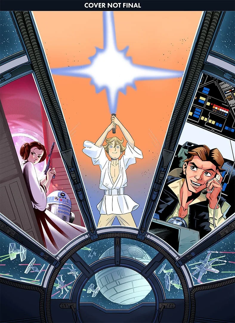 Comic-style illustration with three panels: a person holding a glowing sword, a woman with a robot, and a man smiling, all framed by a spaceship cockpit view with stars and space battles outside.