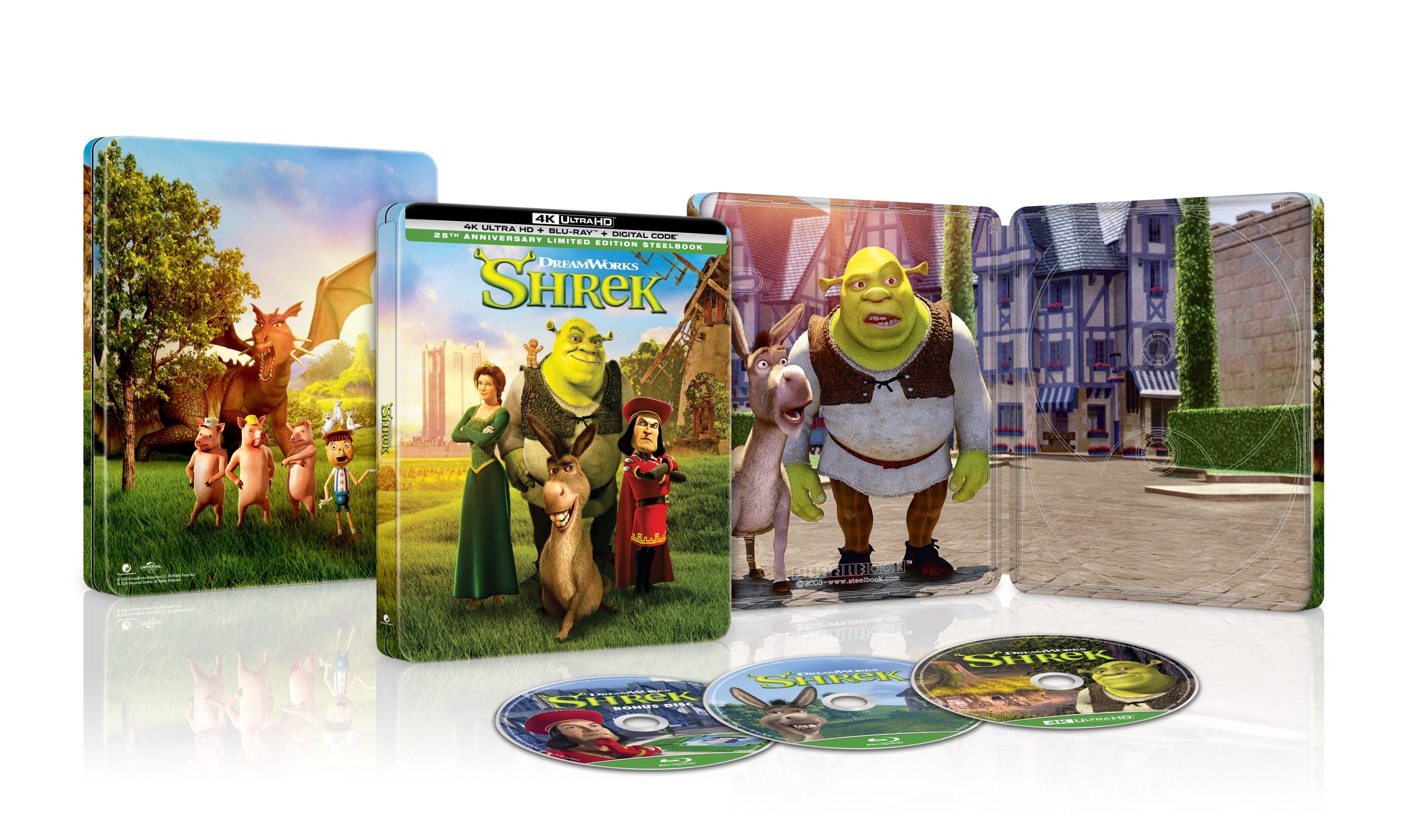 Shrek SteelBook edition set with illustrated case, open interior artwork, and four discs displayed in front: two Blu-rays and two DVDs.