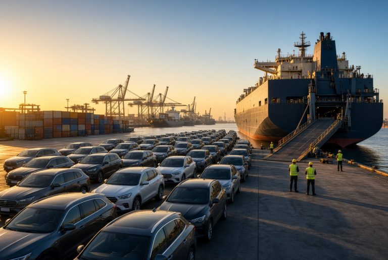 Rows of cars lined up near a cargo ship at a port, with workers in safety vests observing, and cranes and shipping containers in the background at sunset.