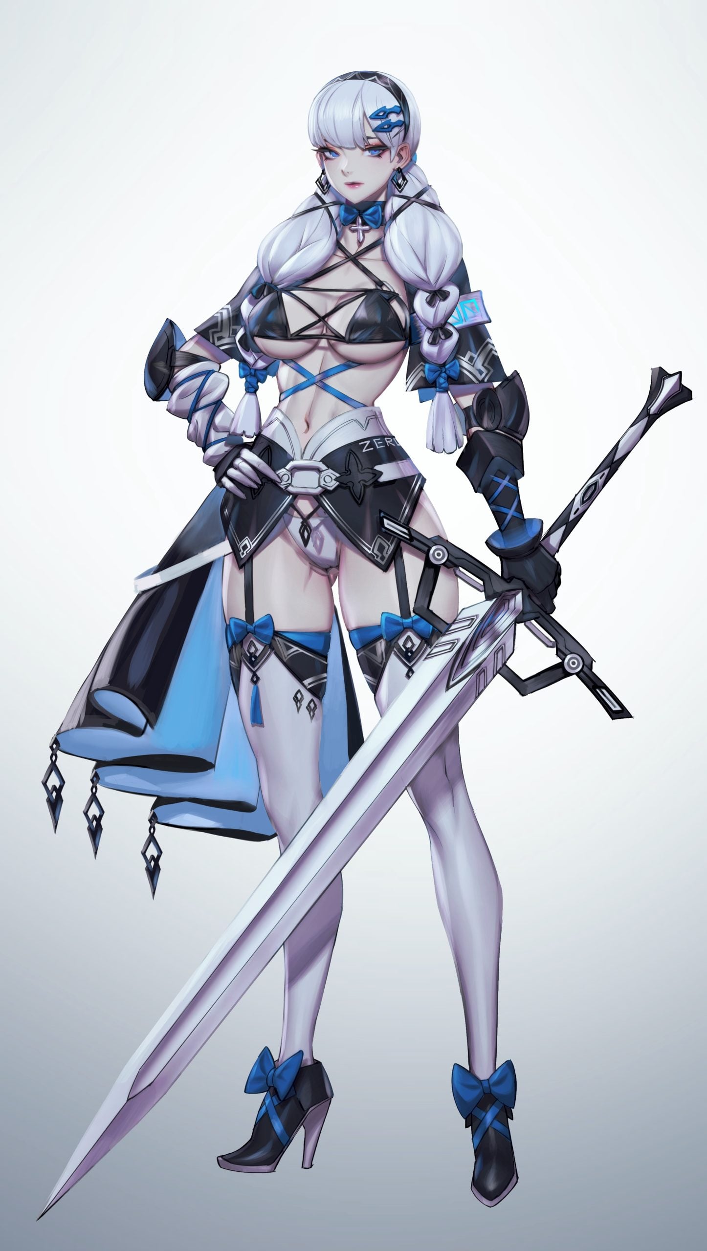 White-haired woman in blue and black fantasy armor holds a large sword, wearing high heels, with blue accents, braids, and decorative accessories.