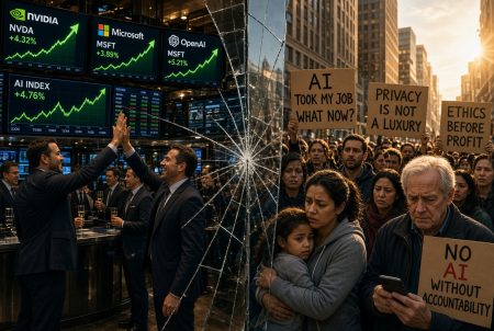 AI’s Market Success Collides With Growing Public Concern A split image shows traders celebrating rising AI stock prices on one side, and protesters holding anti-AI signs in a city street on the other, divided by a cracked-glass effect.