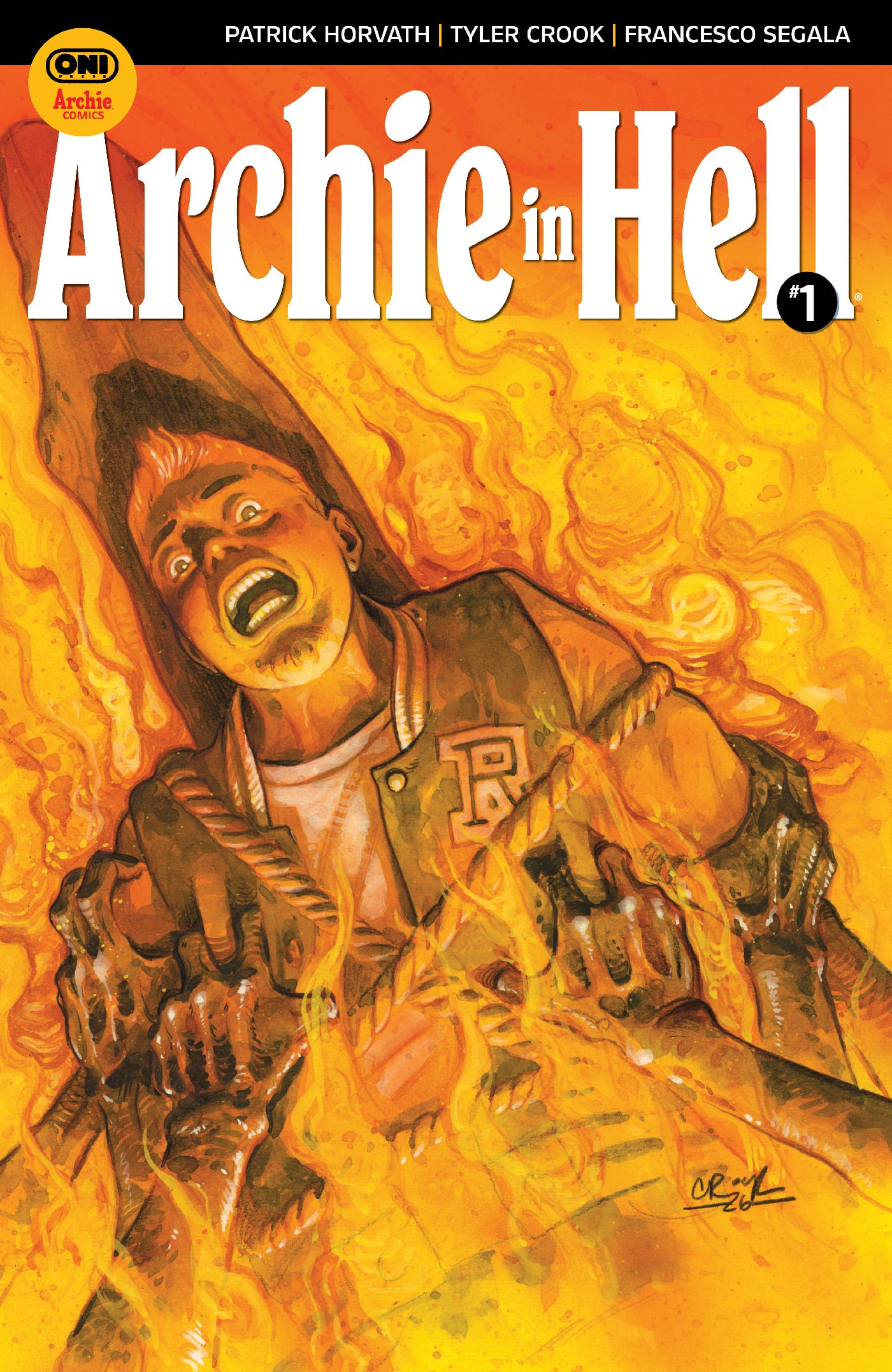 A frightened young man in a letterman jacket is engulfed in swirling flames on the cover of “Archie in Hell #1.”.