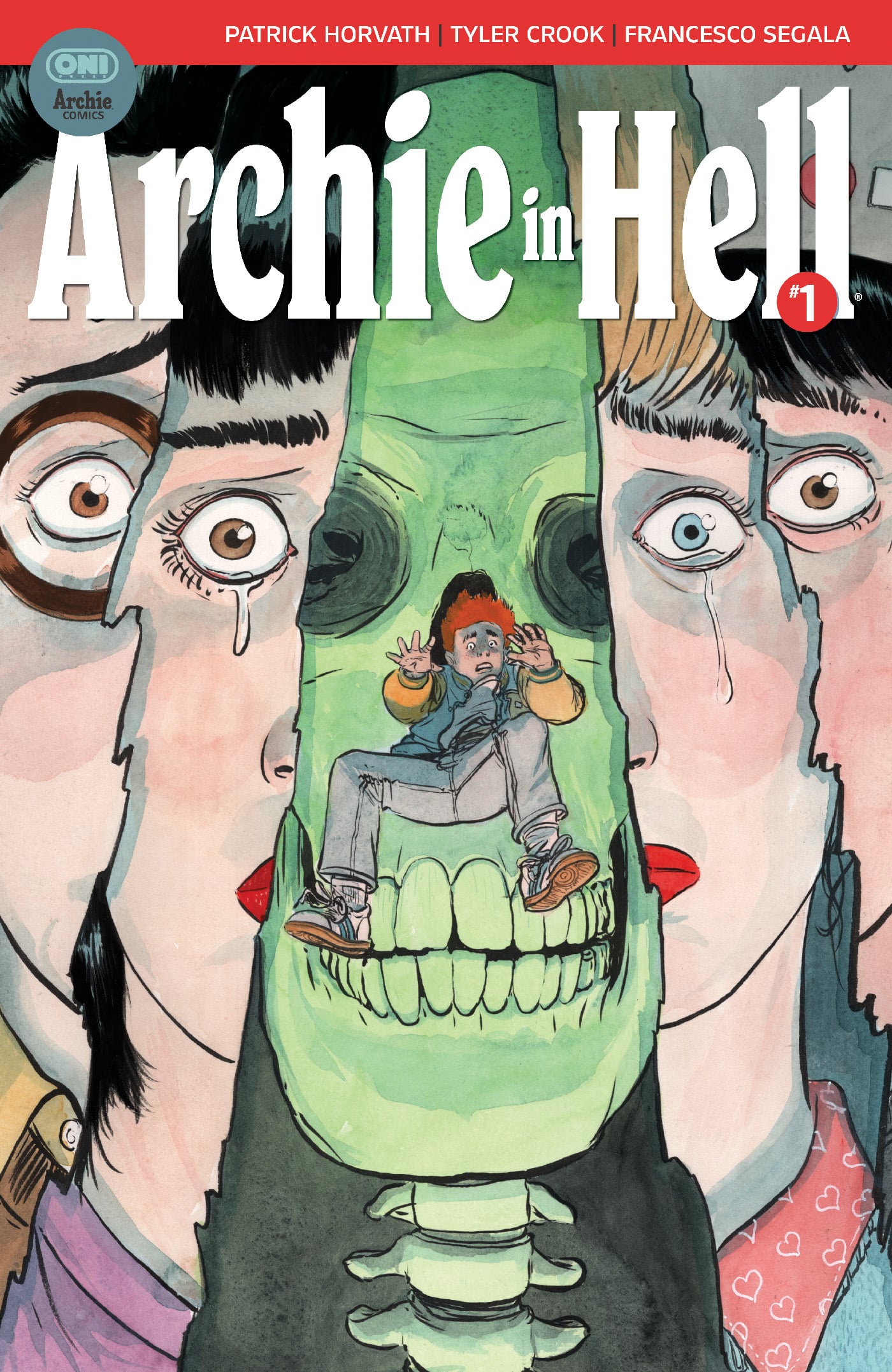 Comic book cover shows scared boy trapped in a green skull’s mouth, flanked by two large, worried faces. Title reads “Archie in Hell” with creators’ names listed at the top.