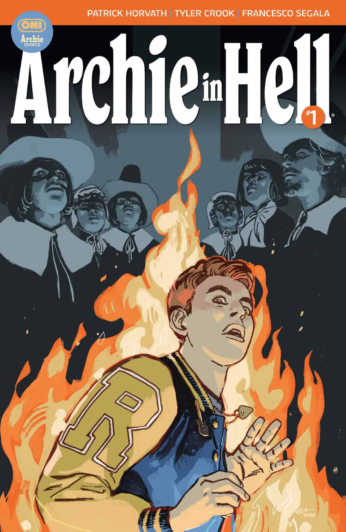 A young man in a letterman jacket stands surrounded by flames, while a group of people in vintage clothing sing or chant in the background.