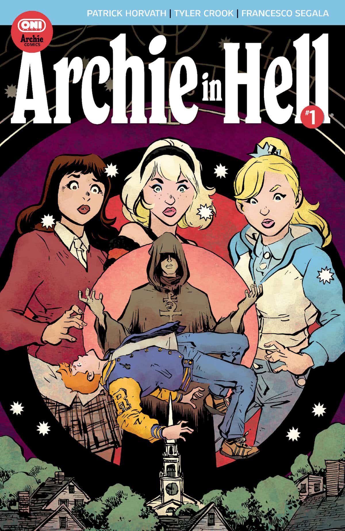 Comic book cover shows three shocked teens and a hooded figure holding a levitating boy, with a town scene at the bottom. Title reads “Archie in Hell #1.”.