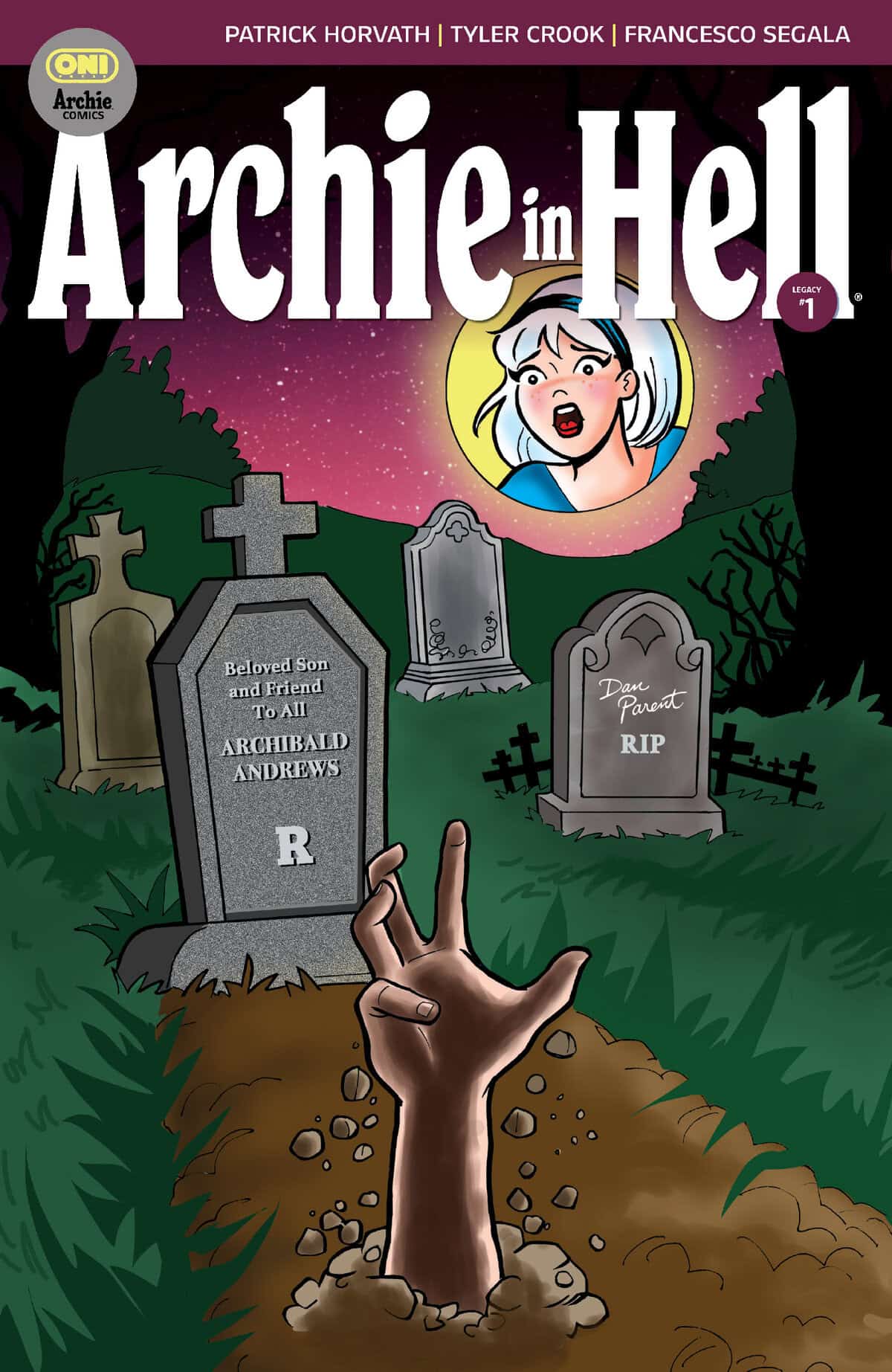 A hand emerges from a grave in a dark cemetery at night, with gravestones and a frightened woman’s face in the sky under the title “Archie in Hell.”.
