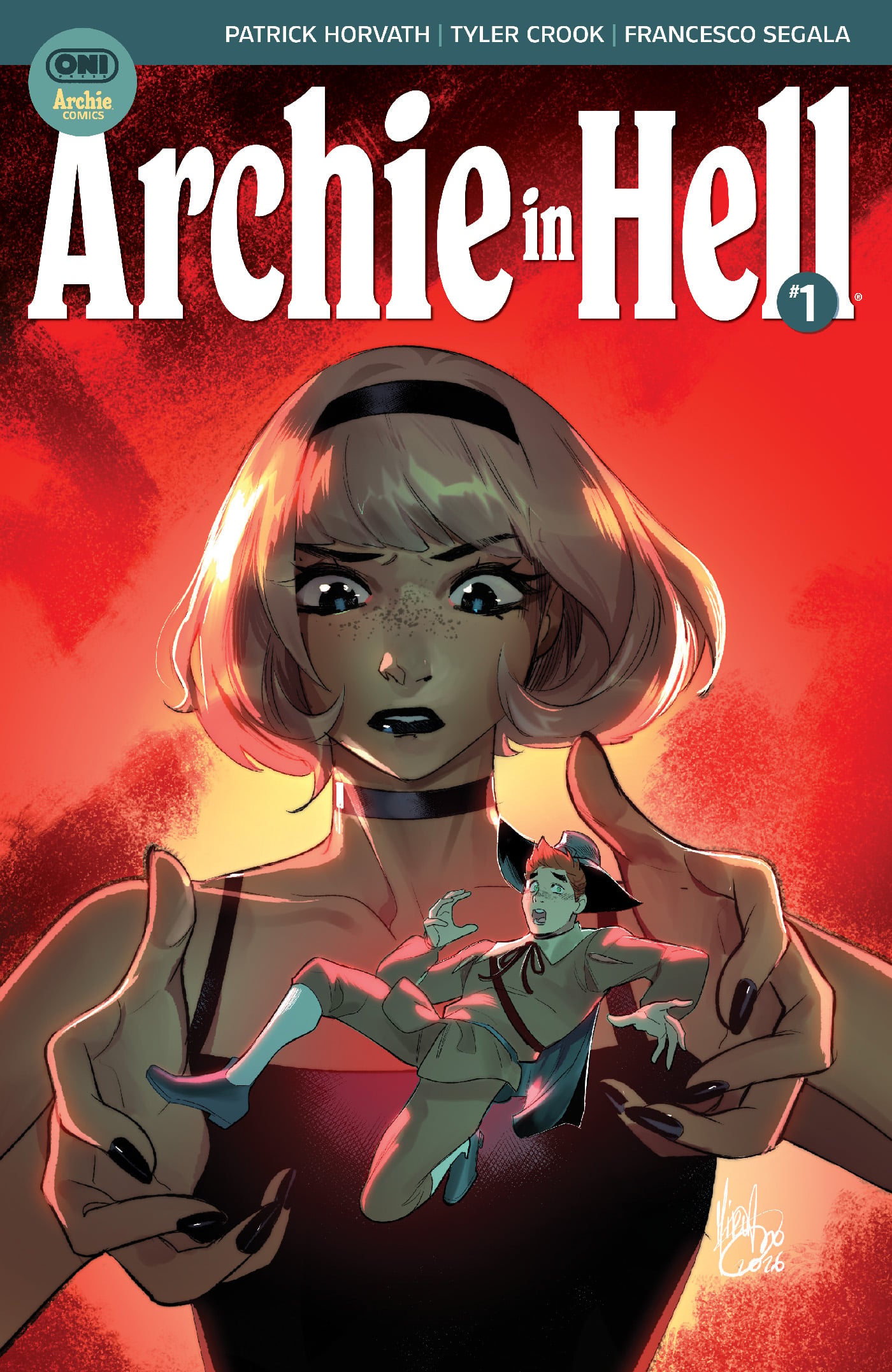 A blonde woman with black lipstick holds a tiny, frightened boy in her hands against a fiery, glowing background. The text reads, “Archie in Hell #1.”.
