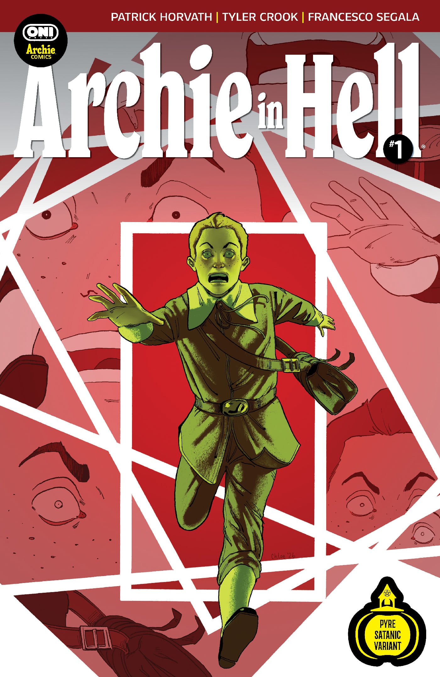 A green-tinted figure runs forward as red-toned, panicked faces appear in the background. Text reads “Archie in Hell #1.” Logos and creator credits are at the top, with a yellow label at bottom right.