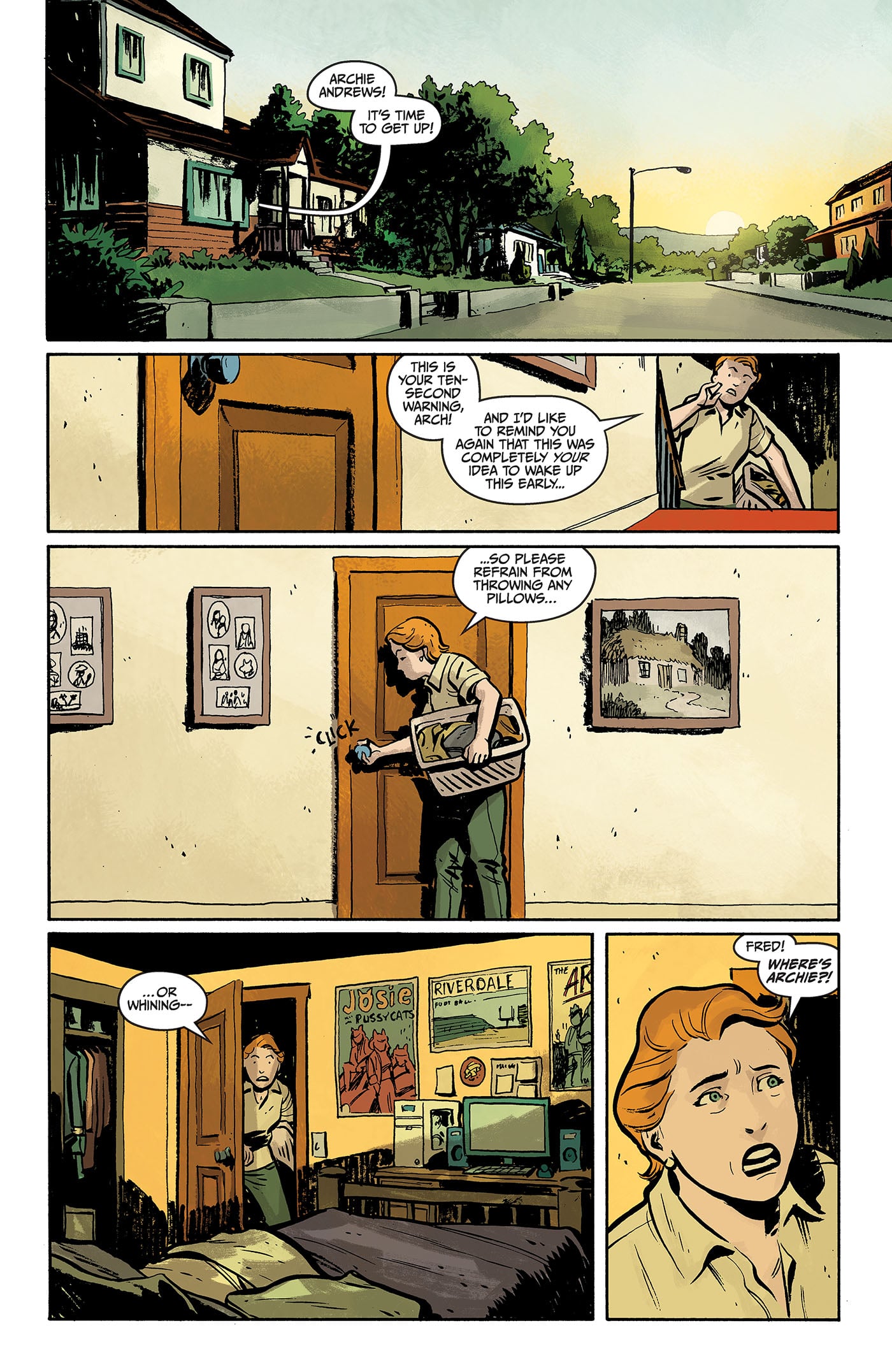 A woman stands outside a suburban house at sunrise, then enters a bedroom, speaks to someone, and looks surprised or concerned as she calls out the name “Fred.”.