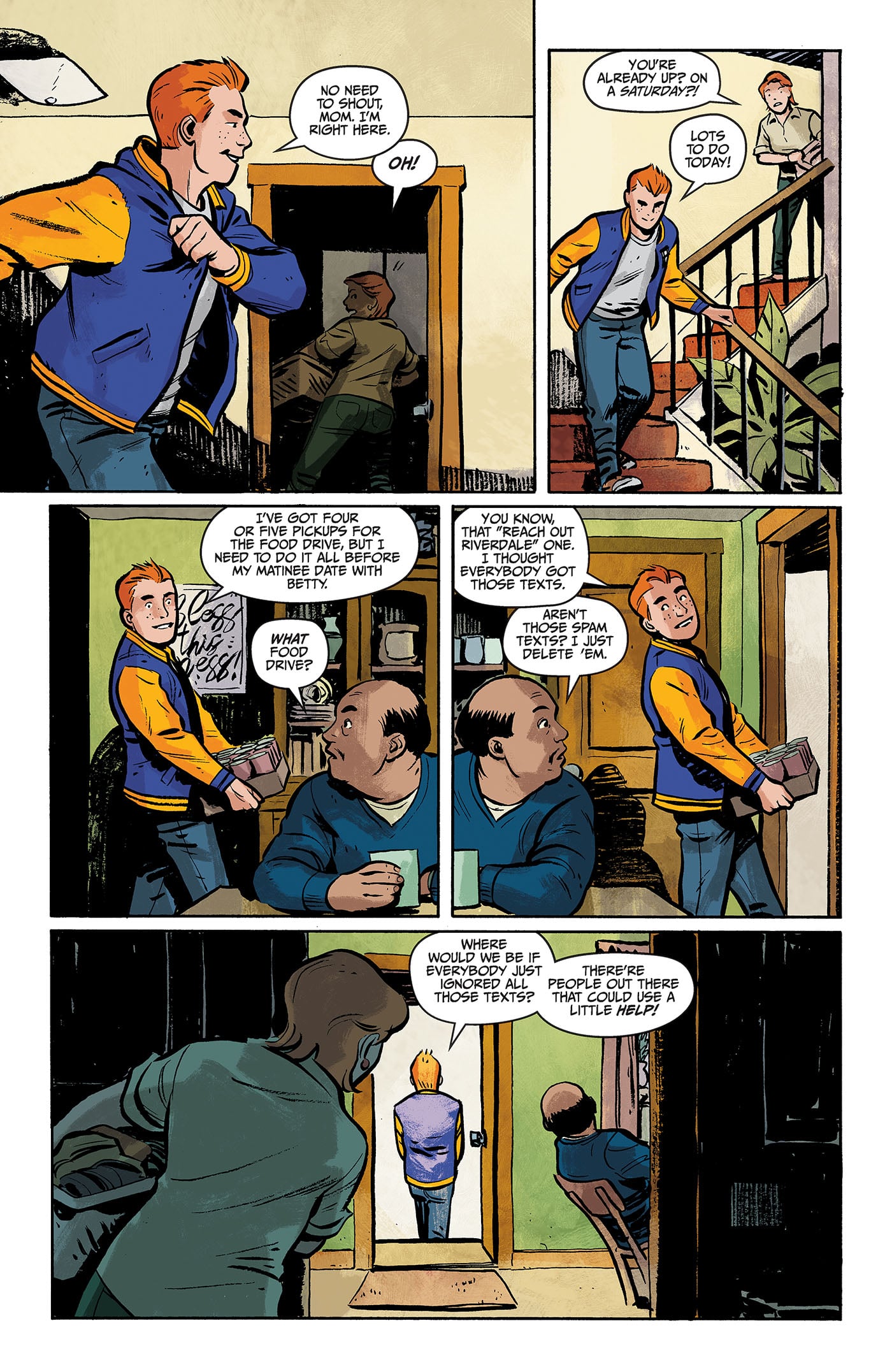 A red-haired teen in a varsity jacket talks to two men in an office, then heads upstairs holding a book, while another man watches from a dark hallway.