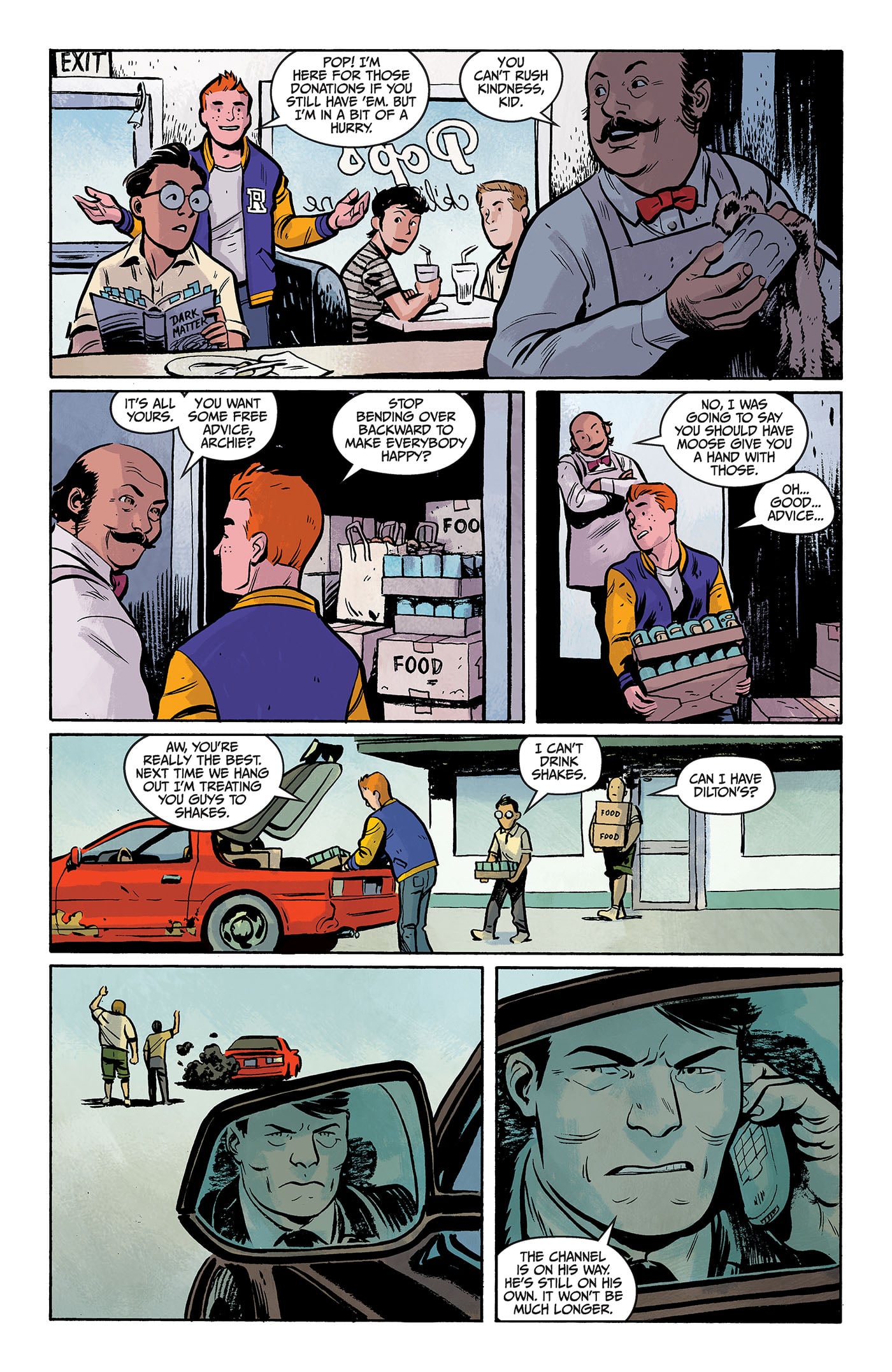 Archie orders food at Pop’s diner, then leaves carrying a box; a man watches Archie from a car and reports on the phone, observing Archie helping at the scene of a car accident.