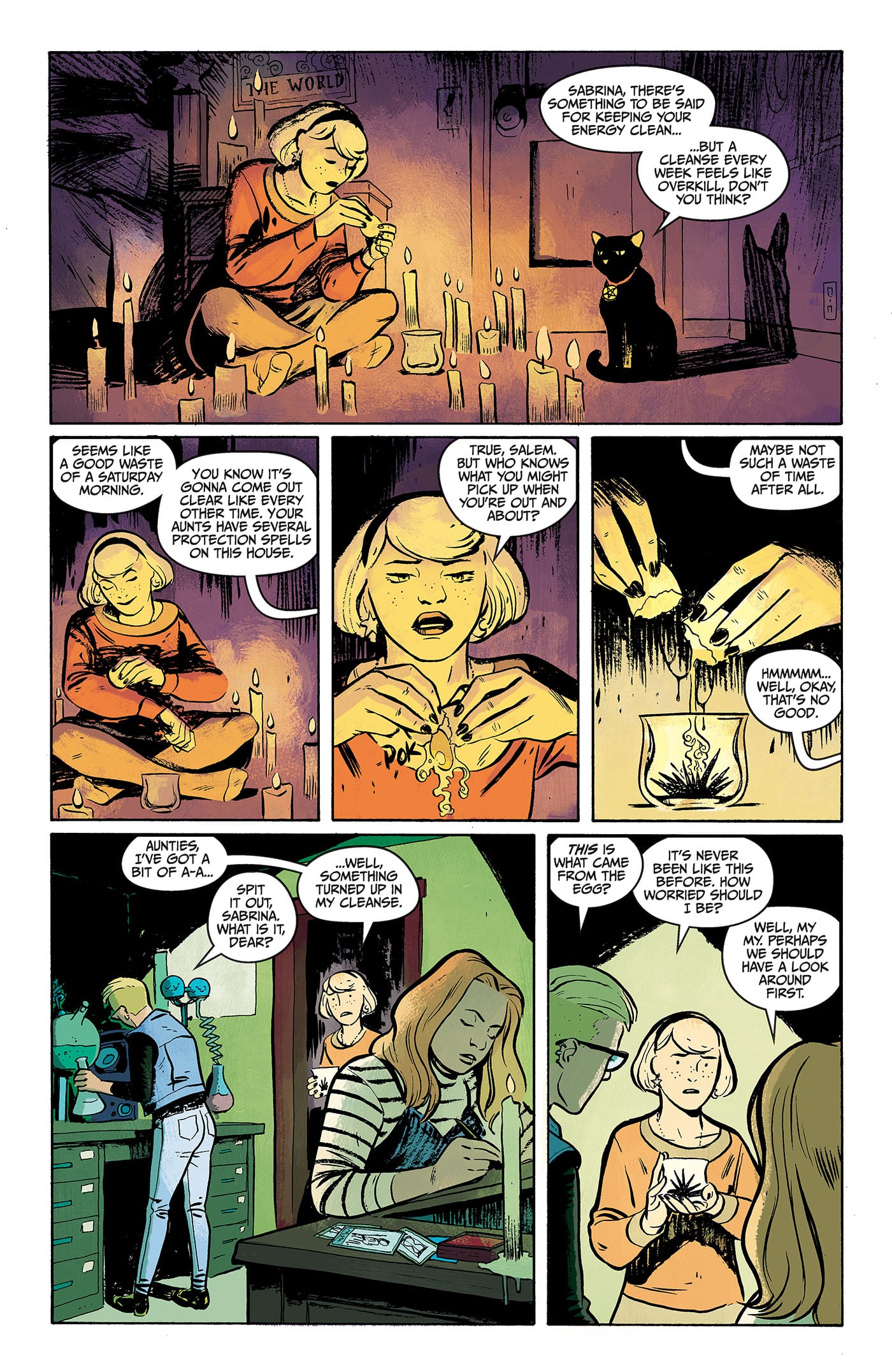 A girl sits surrounded by candles, talking to a black cat; later, she talks to two people in a workshop, holding a pendant and discussing magic and energy.