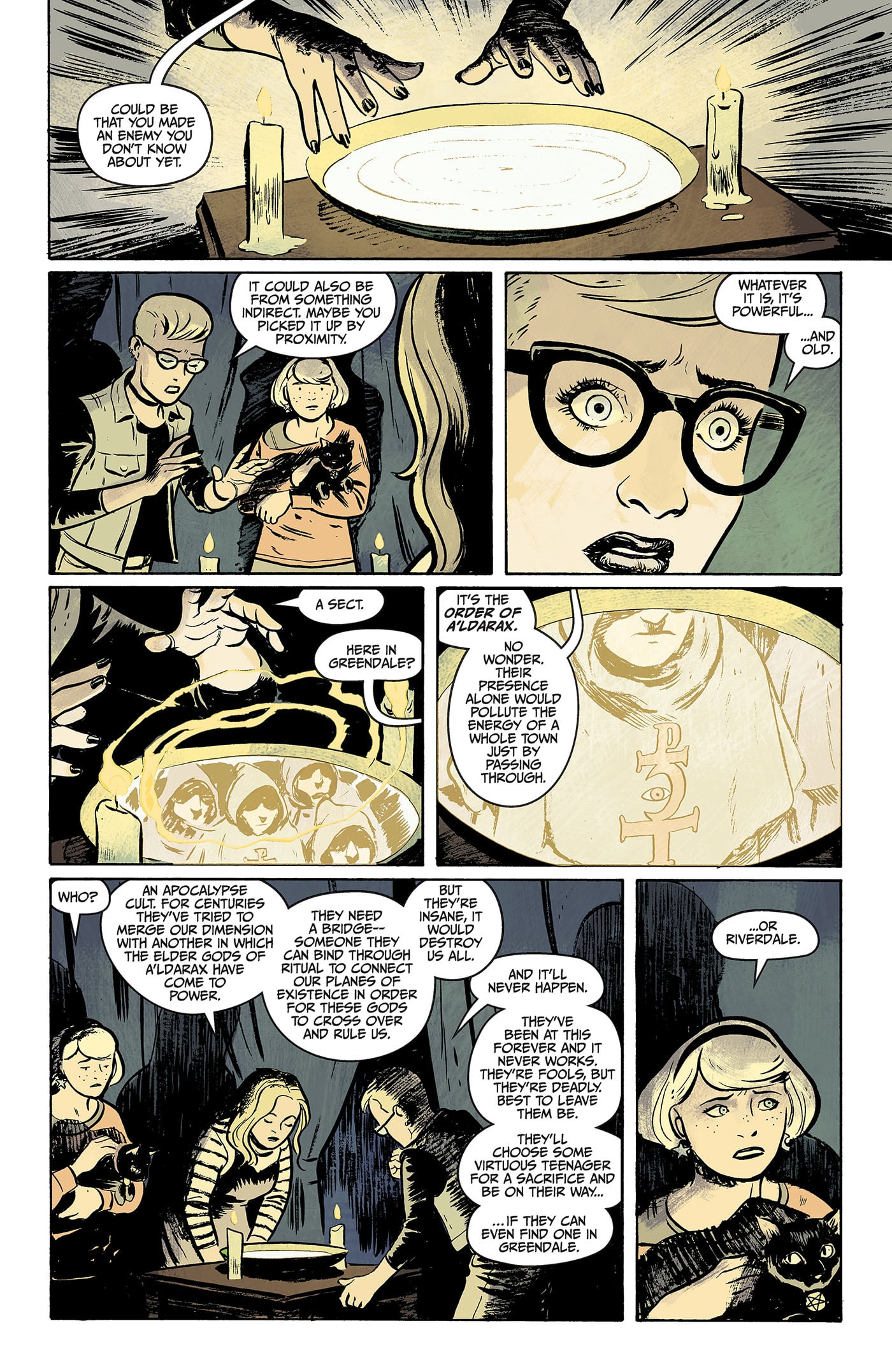 Three people sit around a table with candles, a cat, and a plate, discussing its possible power and the idea of a sect, shown in a stylized comic book art style.