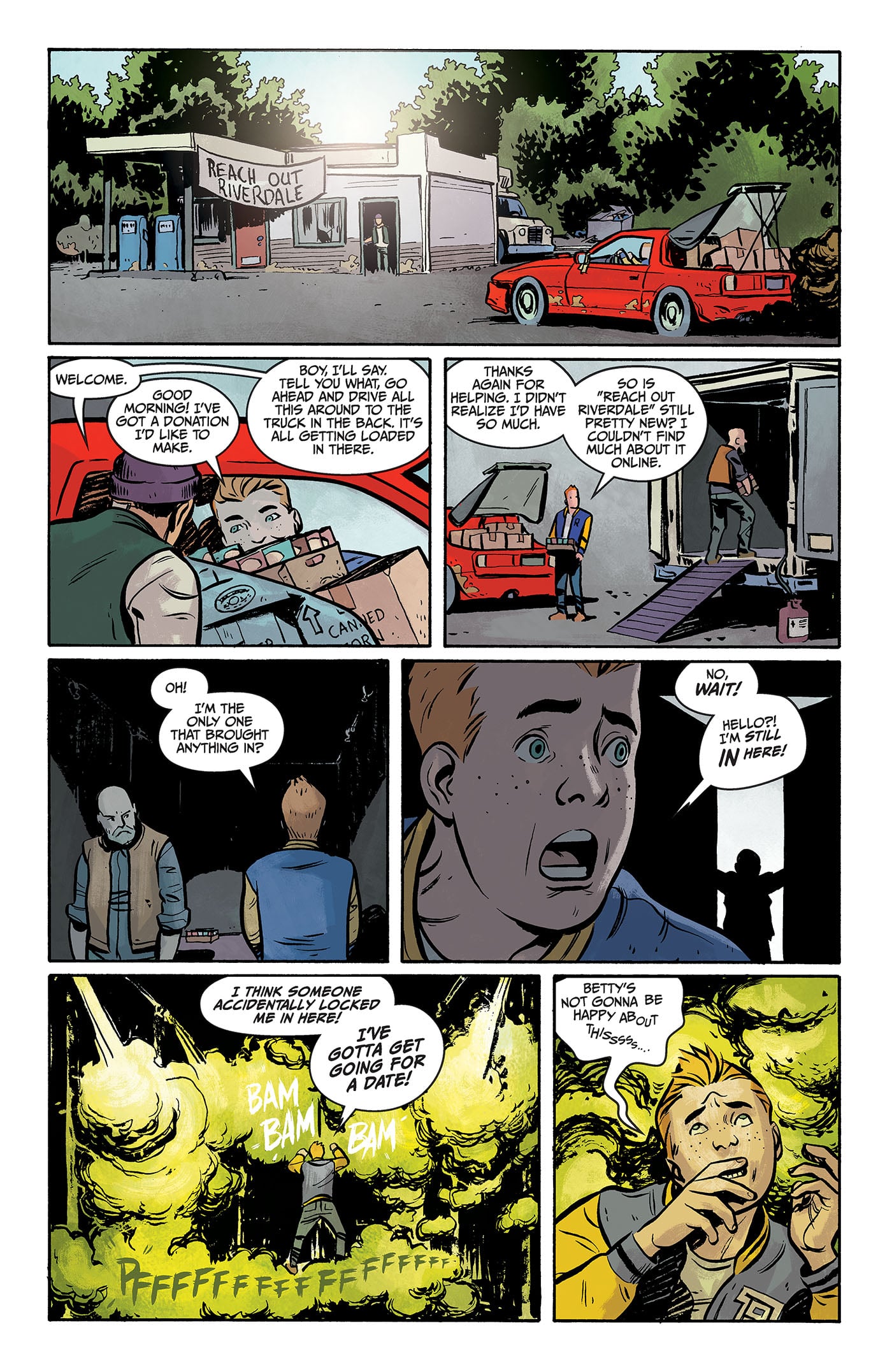 A boy talks to a mechanic at a garage; later, a fire breaks out, and the boy rushes to warn people inside as the building explodes in flames.