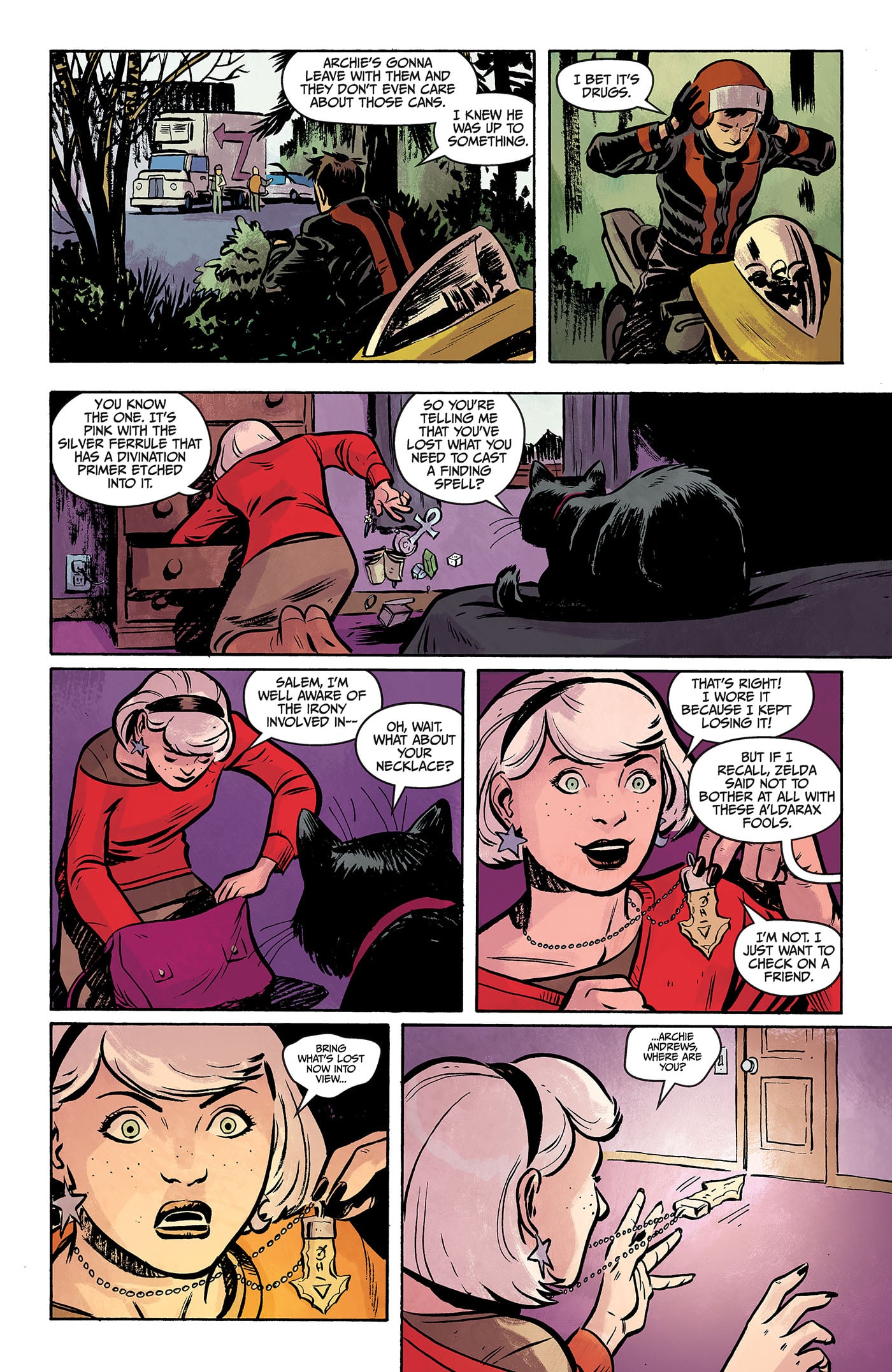 A girl in a red outfit talks to a black cat in a kitchen, interacts with a yellow amulet, and reacts with surprise as her fingers begin to glow with magic.