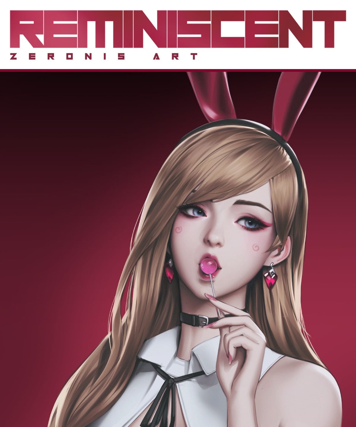 Digital illustration of a woman with long blonde hair, pink bunny ears, and pink earrings, holding a lollipop. The text “REMINISCENT Zeronis Art” appears at the top.