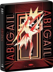 Steelbook case for “Abigail” featuring stylized art of a dancer in dynamic motion with angular patterns, surrounded by the name “ABIGAIL” in red letters on a black background.
