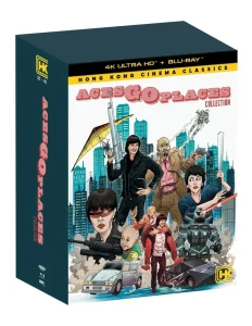 Box set of Aces Go Places Collection featuring illustrated characters with weapons, vehicles, and cityscape; labeled as Hong Kong Cinema Classics, includes 4K Ultra HD and Blu-ray options.