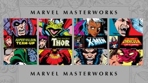 Four Marvel Masterworks comic book covers featuring Magneto, Thor (as a frog), Storm, and Dracula with characters in bold colors and dramatic expressions.