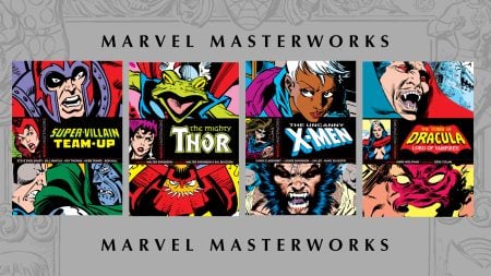 Four Marvel Masterworks comic book covers featuring Magneto, Thor (as a frog), Storm, and Dracula with characters in bold colors and dramatic expressions.