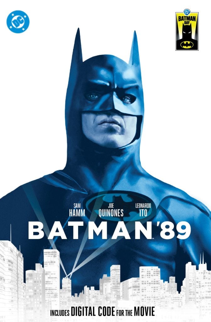 Poster featuring Batman in a blue-toned image with “BATMAN ’89” text, names Sam Hamm, Joe Quinones, Leonardo Ito, and cityscape graphics; DC and Batman Day logos are present.