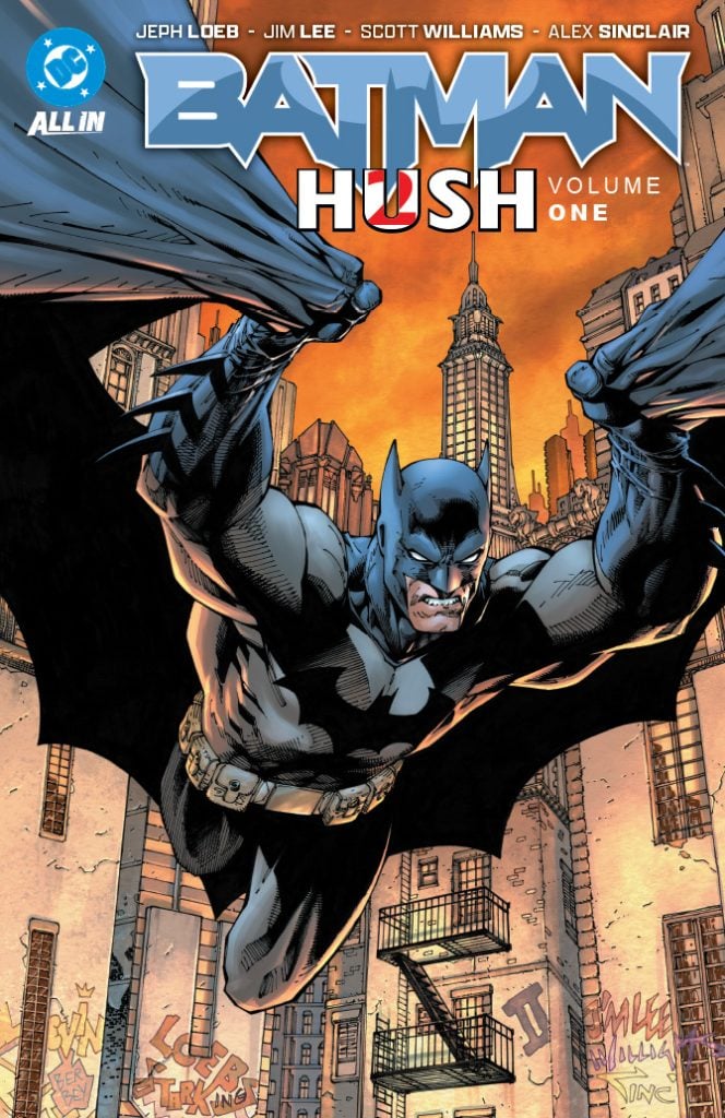 Batman swings on a grappling line above a city at night with tall buildings in the background. The comic title “Batman: Hush Volume One” is displayed at the top.