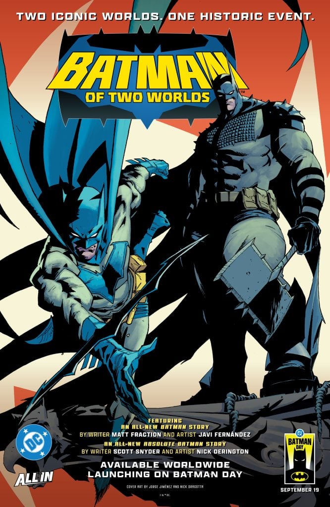 Two versions of Batman stand side by side in action poses, with a dark, dramatic background and comic book text announcing “Batman of Two Worlds.”.