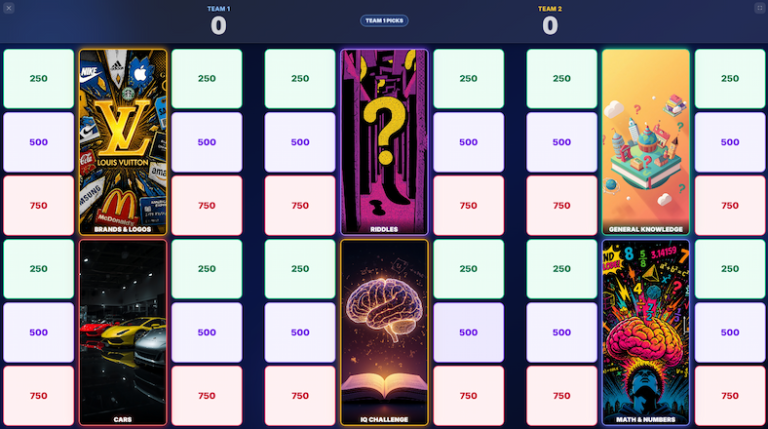 Best Multiplayer Trivia Games Online For Game Night A digital quiz game board with six categories, each showing four point values and colorful icons; team scores are at the top, currently at zero.