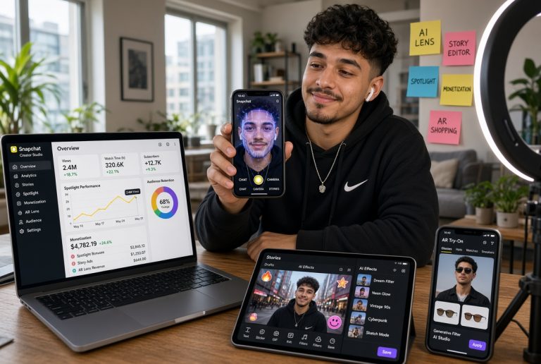 Best Snapchat Tools Every Creator Should Know In 2026 Man sitting at a desk with a laptop, smartphone, and tablet displaying social media analytics, video stories, and profile images in a bright, modern room.
