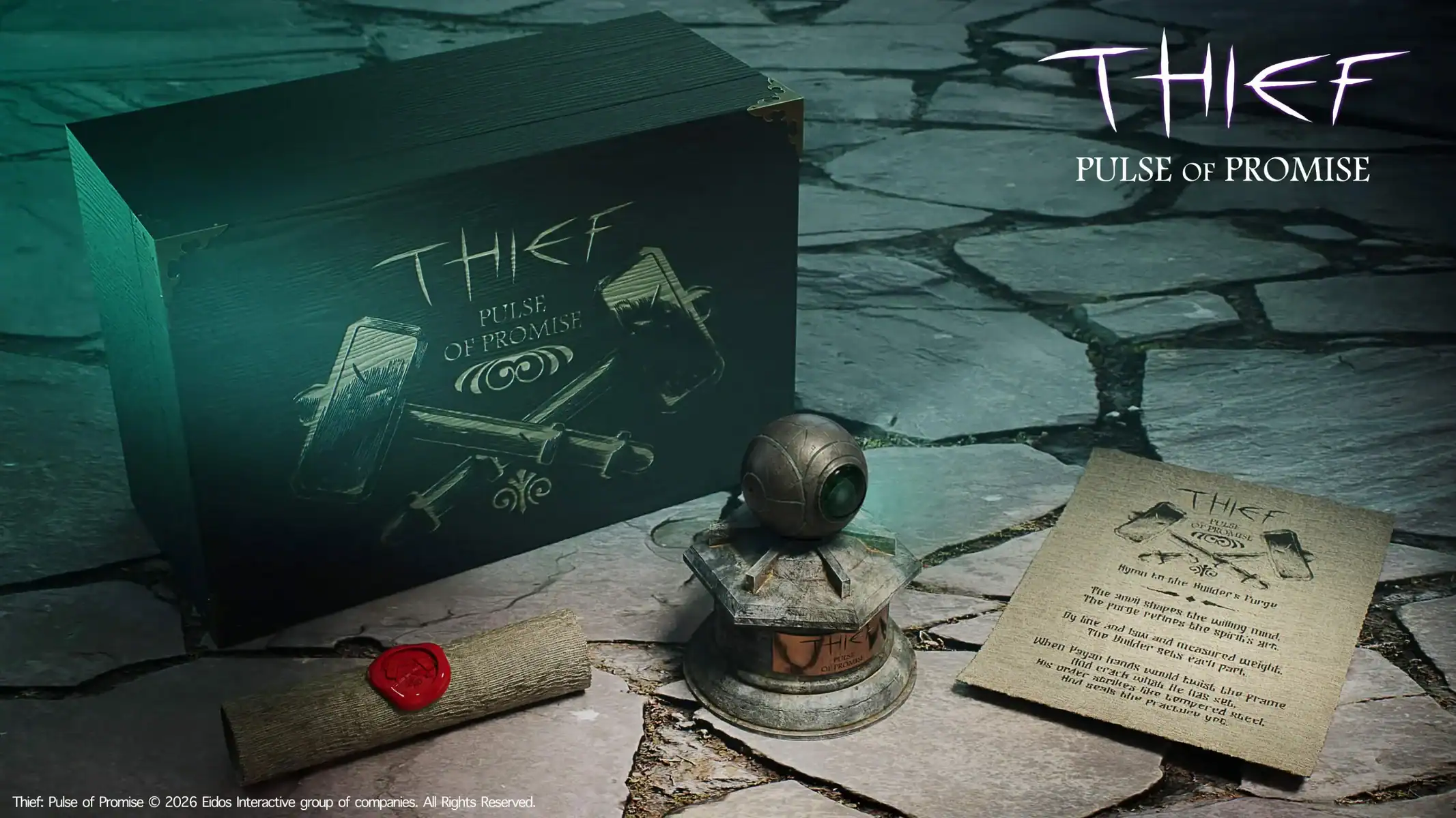 A Thief: Pulse of Promise game set on stone, including a sealed scroll, a box, a metal eye device, and a letter with the game’s logo and text.