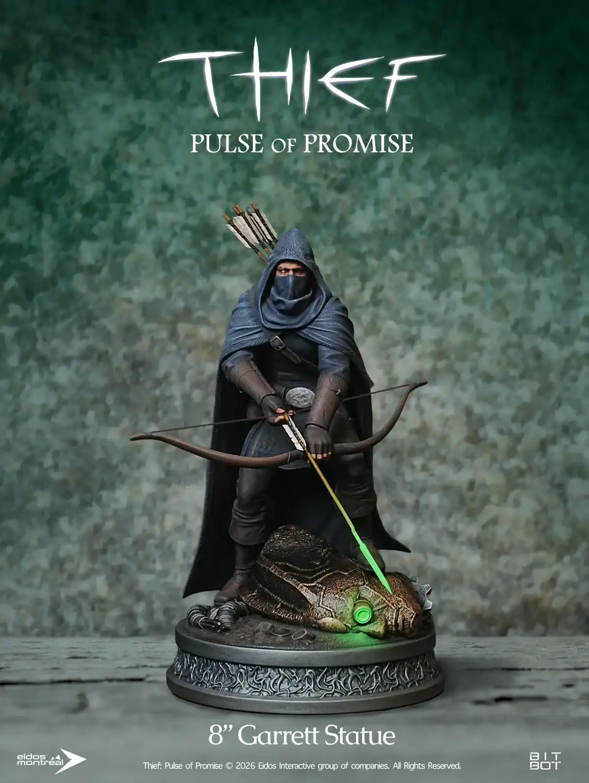 A hooded archer statue stands on a stone base, holding a bow with a glowing green arrow, featuring “Thief: Pulse of Promise” text above.