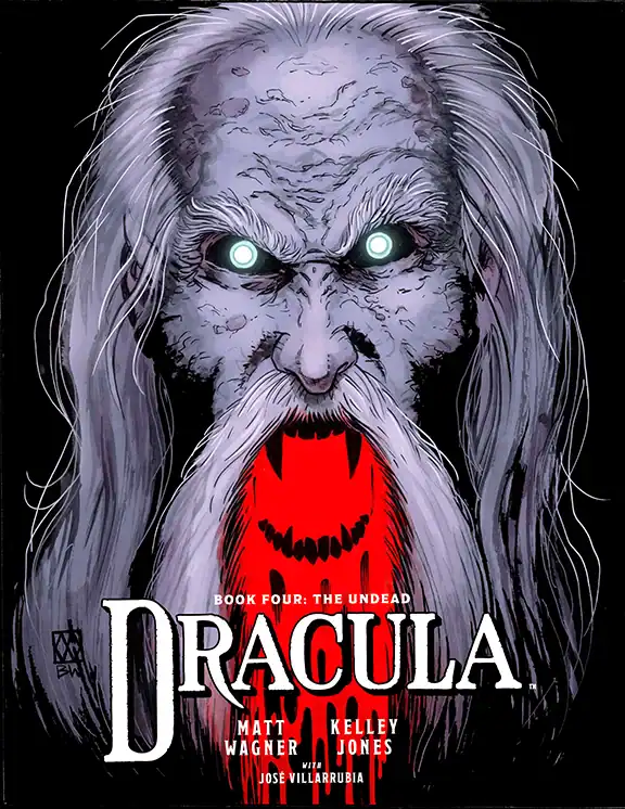 Illustrated cover of Dracula Book Four: The Undead, featuring a fierce, pale vampire with glowing eyes, long white hair, and a red open mouth with sharp fangs.