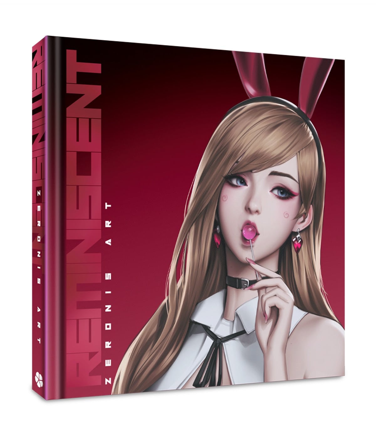 Square book titled “Reminiscent: Zeronis Art” featuring digital art of a woman with long hair, bunny ears, and a lollipop against a pink gradient background.