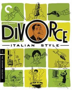 Collage-style movie poster for “Divorce Italian Style” featuring illustrated scenes with dramatic and comedic moments surrounding a central portrait of a mustached man.