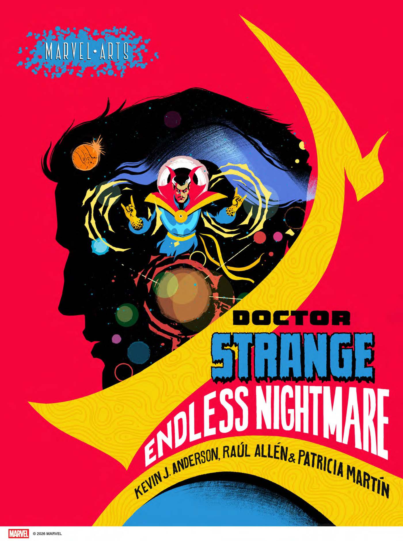 Doctor Strange, glowing and spellcasting, stands within a shadowy human profile against a red background with yellow arcs and text reading “Doctor Strange: Endless Nightmare.”.