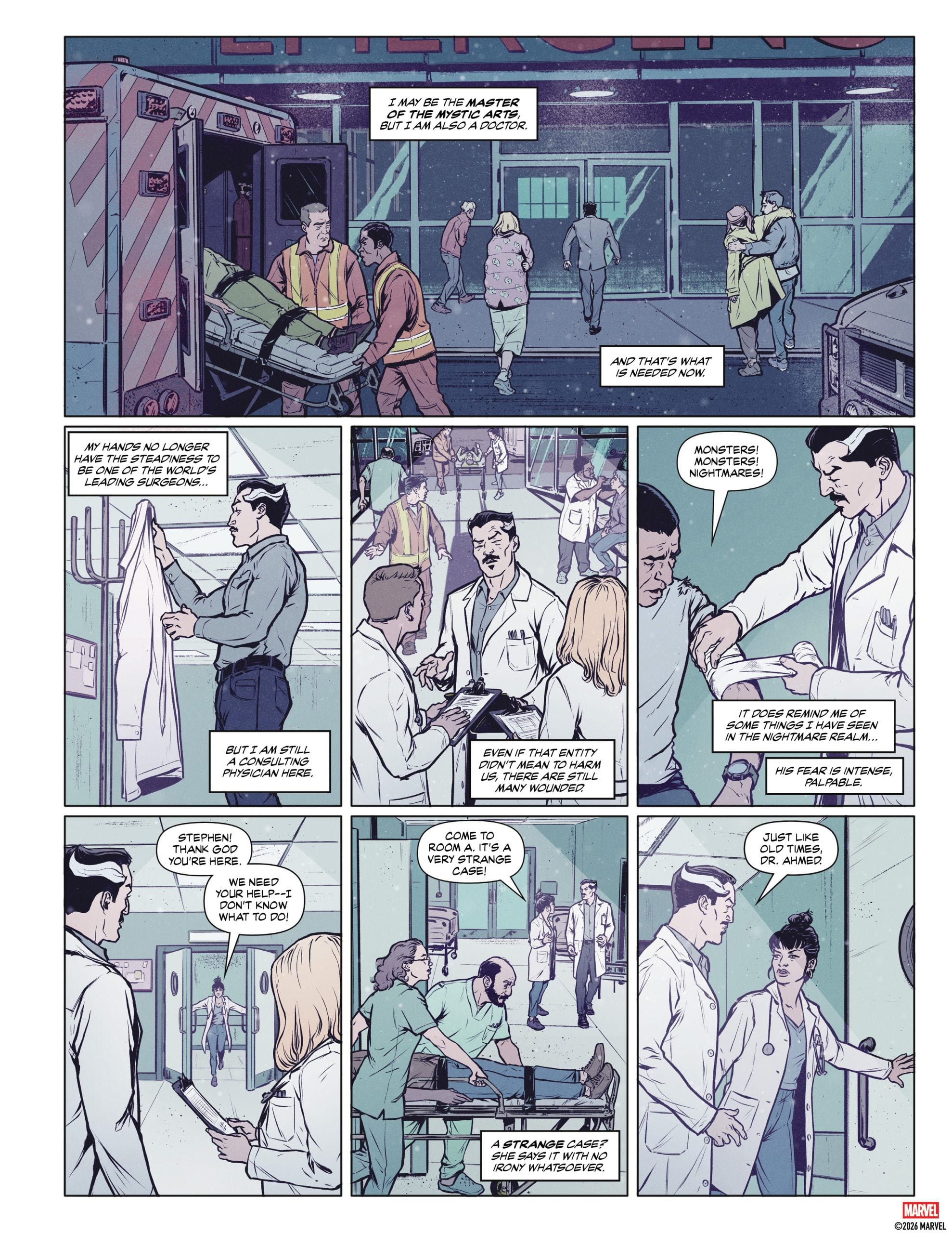 Medical staff unload a patient from an ambulance and interact in a hospital, discussing a mysterious outbreak and the need for expertise.