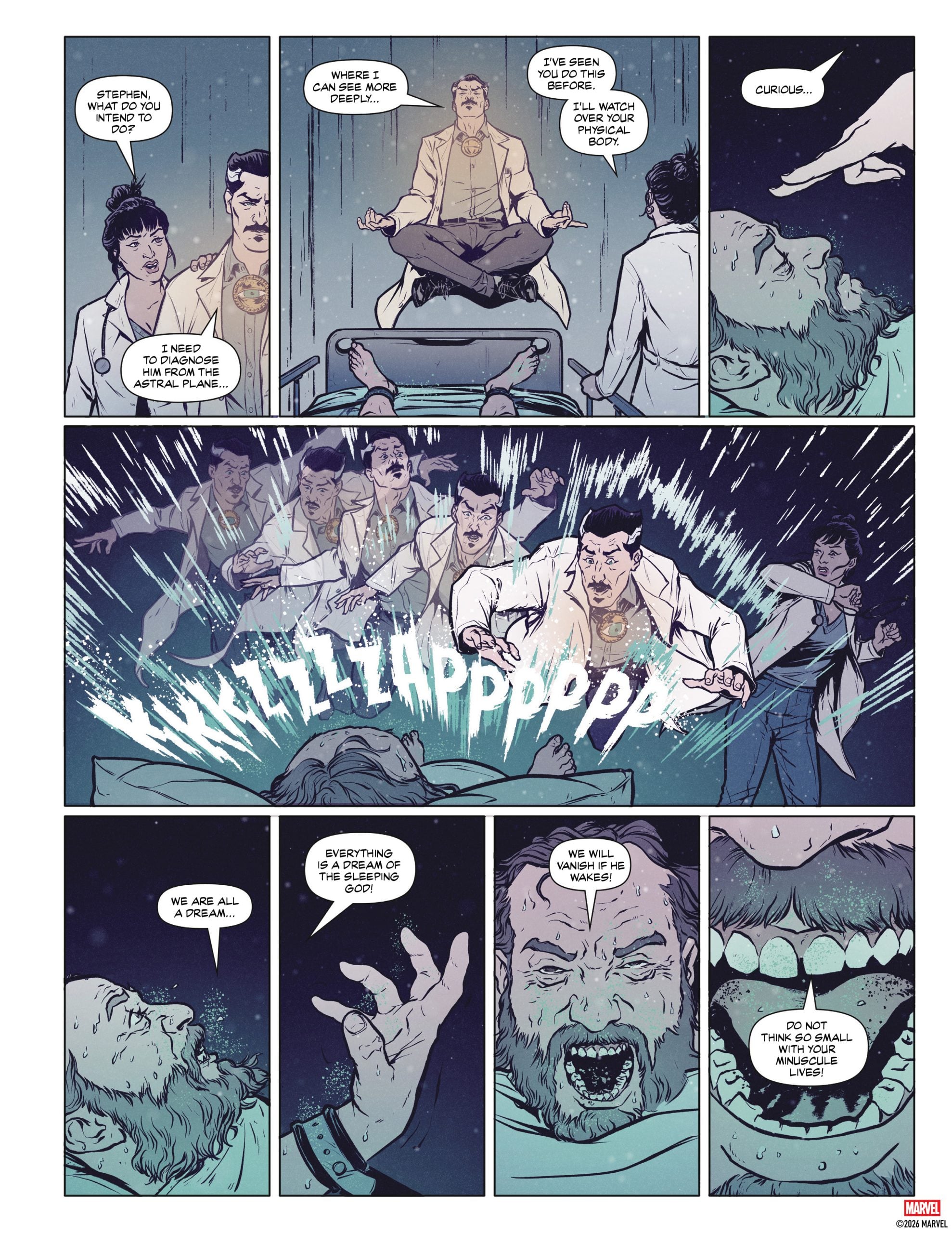 Doctor Strange meditates in a lab as spectral versions of himself appear, then enters a trance and speaks with glowing eyes while colleagues observe.