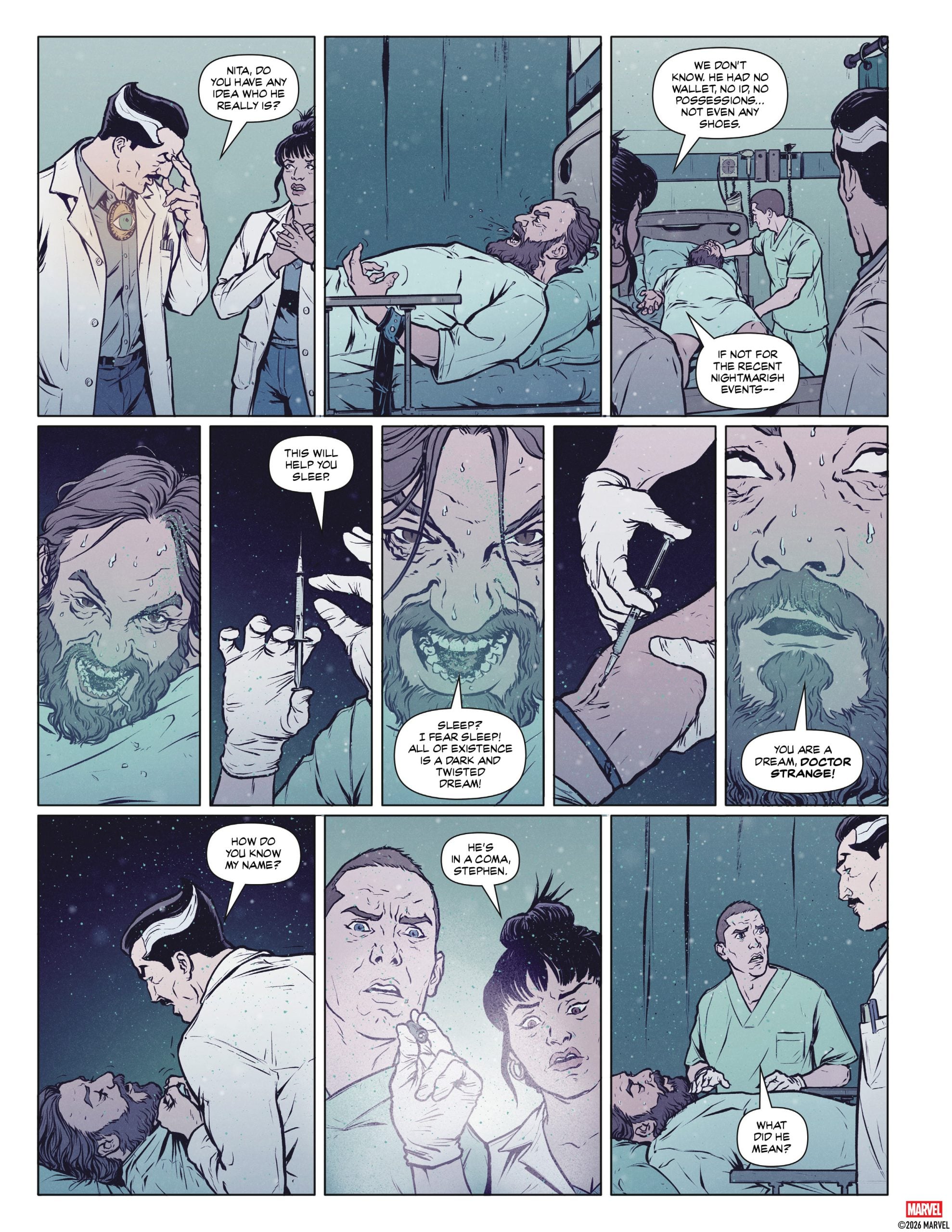 A man with white streaks in his hair questions doctors as they examine a patient in a hospital bed; close-ups show communication and concern among the characters.