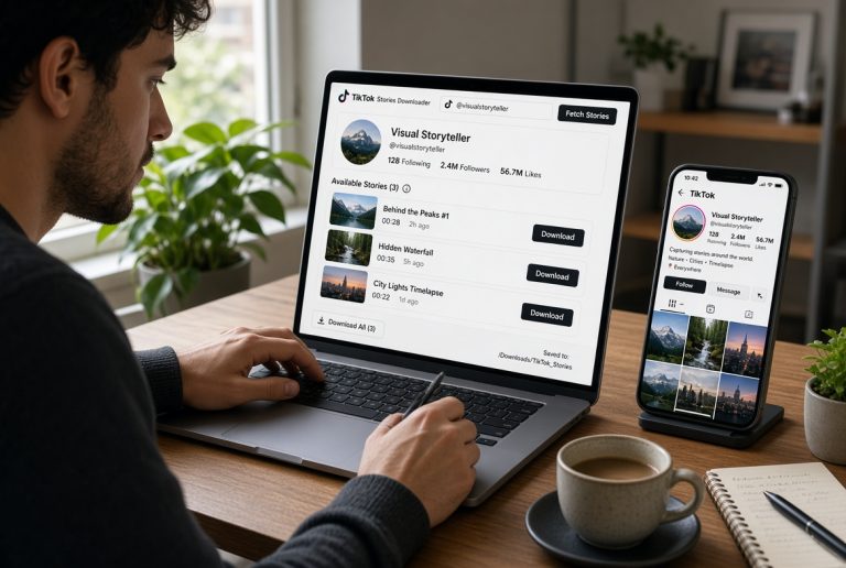 How To Download A TikTok Story Using A Username A person using a laptop and smartphone to view and download video stories from a social media profile called Visual Storyteller in a home office setting.