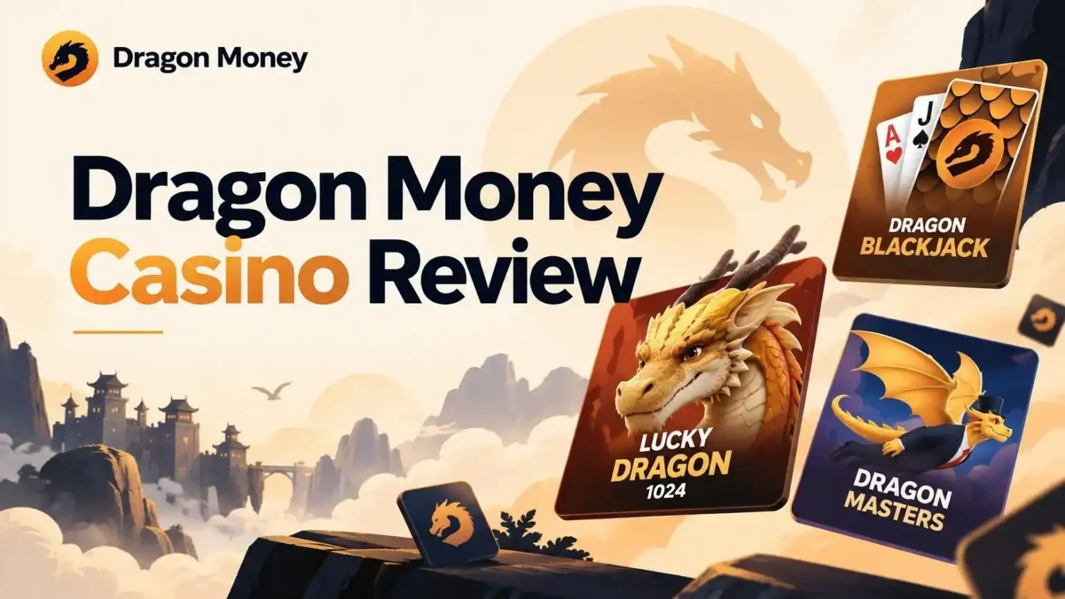Dragon Money Casino Review 2026: A Step-by-Step Guide For New Players Dragon Money Casino Review banner features a golden dragon, casino playing cards, and game icons for Lucky Dragon and Dragon Masters, set against a mountainous background with dragon silhouettes.