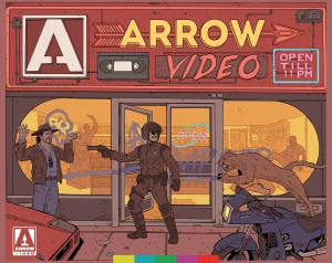 Illustration of a video store at night with a neon sign, a police officer aiming a gun at a man, and a dog leaping from a motorcycle towards the man.