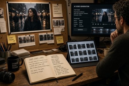 A person works at a desk with notes, a storyboard, a tablet, and a computer showing AI video generation, all focused on an image of a woman in a city at night.