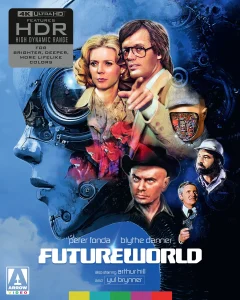 Movie poster for “Futureworld” featuring illustrated portraits of the main cast, a robotic head, and text highlighting 4K UHD features.