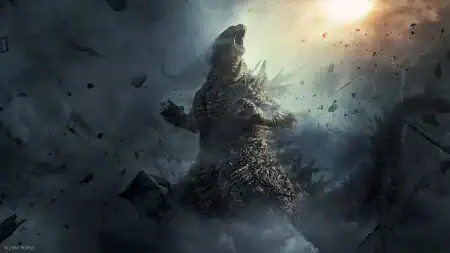 Godzilla stands amid smoke and debris, roaring upward as buildings collapse around it with bright light breaking through the clouds in the background.